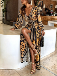 Effortless Boho Maxi Dress Golden Print High Slit