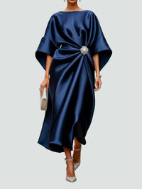 Elegant Draped Batwing Formal Cocktail Midi Dress