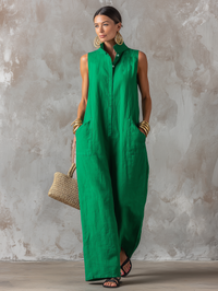 Elegant sleeveless stand collar linen wide leg jumpsuit