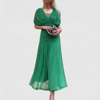 Elegant V Neck Wrap Chiffon Evening Party Maxi Dress