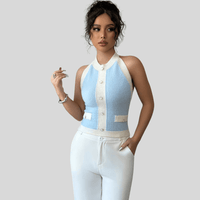 Refined Button Front Tailored Halter Top Sleeveless Vest Top