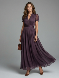 Elegant Keyhole Neckline Maxi Dress Short Sleeve