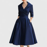 Elegant Wrap V Neck Midi Dress Flared Skirt