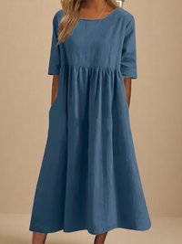Relaxed Round Neck Casual Midi Dress Pocket Day Dress
