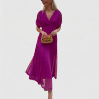 Stylish Batwing Sleeve Ruched Waist Chiffon Evening Maxi Dress