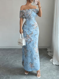 Elegant embroidered off shoulder maxi evening dress short sleeve