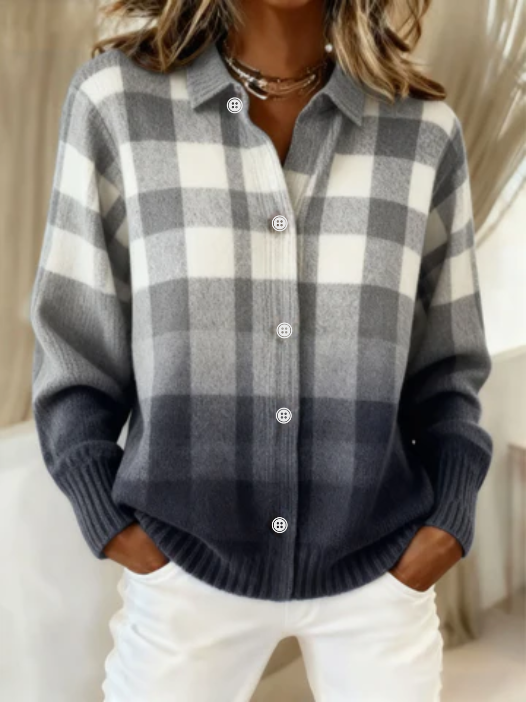 Mara™ – Checkered Blouse, Soft Hoodie Material