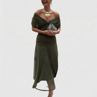 Effortless Twist Front Off Shoulder Ruched Chiffon Maxi Dress