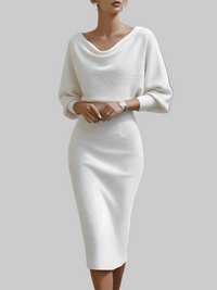 Elegant Cowl Neck Batwing Sleeve Formal Cocktail Midi Dress