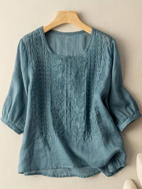 Refined Embroidered Scoop Neck Blouse Three Quarter Sleeve Top