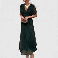 Refined Pleated Flowing Evening Maxi Cocktail Dress
