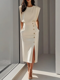 Stylish Sleeveless High Waist Slit Formal Cocktail Midi Dress