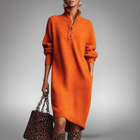 Elegant Long Sleeve Knit Polo Midi Fall Dress