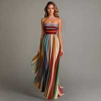 Elegant Strapless Pleated Maxi Dress Colorblock