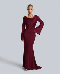 Long-Sleeve Wedding Guest Maxi Dress with Round-Neck