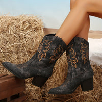 Elegant Floral Embroidered Wide Calf Block Heel Cowboy Boots