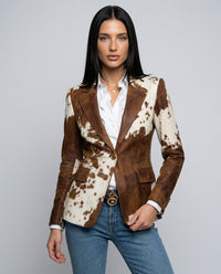 Cow Print Single-Button Blazer with Notch-Lapel and Flap Pockets