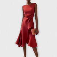 Refined Sleeveless Draped Asymmetric Formal Cocktail Midi Dress