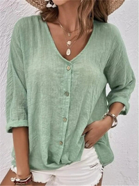 Relaxed V Neck Button Front Casual Top Oversized Blouse