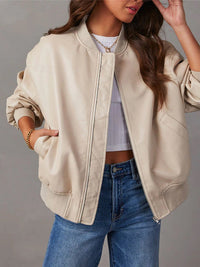Relaxed Ribbed Collar Bomber Jacket for Women