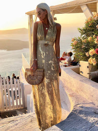 Elegant Sequin Evening Maxi Dress Sleeveless V Neck