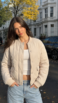 Women's Cropped Quilted Bomber Jacket with Ribbed Trim