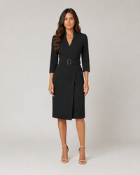 Long-Sleeve Midi Dress with Belted Waist and V-Neck