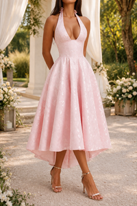 Elegant halter neck midi wedding guest party dress