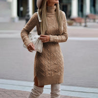 Refined Long Sleeve Cable Knit Turtleneck Sweater Dress