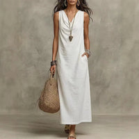 Relaxed Sleeveless V Neck Maxi Dress Pocket Casual Dress