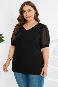 Elegant Swiss Dot Puff Sleeve V Neck Short Sleeve Top