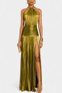 Elegant Metallic Halter Open Back Maxi Homecoming Dress