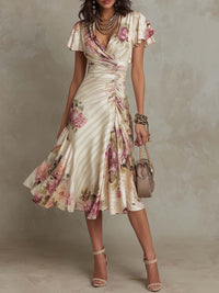 Elegant Floral Chiffon Wrap Midi Cocktail Dress