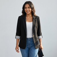 Single-Button Blazer with Roll-Up Tab Sleeves and Flap Pockets