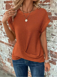 Relaxed Waffle Knit Round Neck Short Sleeve Top Casual Tee