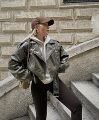 Women's Cropped Leather Biker Bomber Jacket with Belted Hem