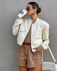 Women's Cropped Button-Up Bomber Jacket with Flap Pockets