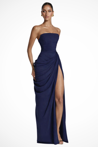 Elegant Strapless Ruched Maxi Wedding Guest Dress