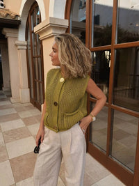 Relaxed V Neck Button Front Chunky Knit Sweater Vest