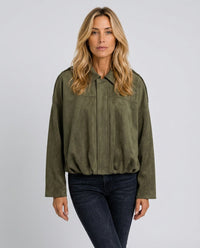 Women's Relaxed Zip-Up Suede Bomber Jacket with Fold-Over Collar