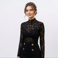 Floral Lace Long-Sleeve Blouse with High-Neck for Women