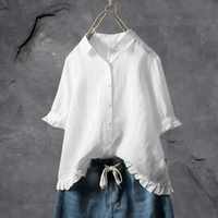 Effortless Ruffle Trim Button Down Shirt Short Sleeve Top