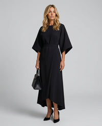 Asymmetric Formal Midi Dress with Cape Sleeves