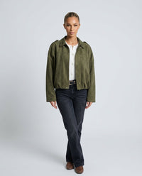 Women's Oversized Zip-Up Suede Bomber Jacket with Side Pockets