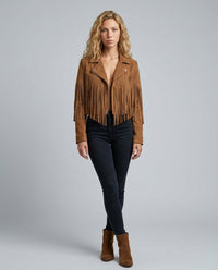 Women's Relaxed Cropped Fringe Suede Jacket with Open-Front