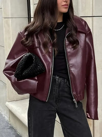 Women's Oversized Zip-Up Leather Bomber Jacket with Elastic Hem