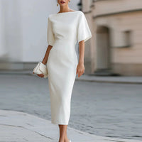 Refined Flutter Sleeve Bateau Neck Formal Cocktail Midi Dress