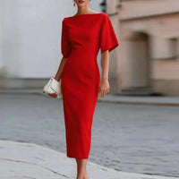Red Flutter Sleeve Bateau Neck Formal Cocktail Midi Dress