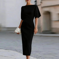 Black Flutter Sleeve Bateau Neck Formal Cocktail Midi Dress