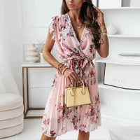 Elegant Pleated Floral Wrap Midi Cocktail Dress